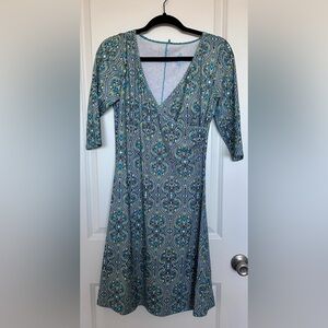 Prana V-Neck Midi Dress in Blue and Green Paisley